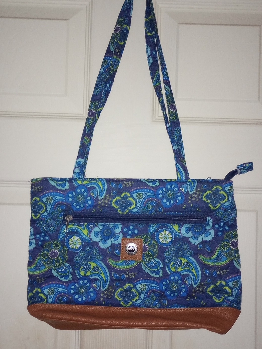 Blue Paisley Quilted Shoulder Bag with Brown Trim - Women